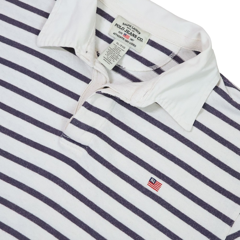 Vintage Polo Jeans Co Ralph Lauren Rugby Shirt Mens XL White Navy Striped Flag